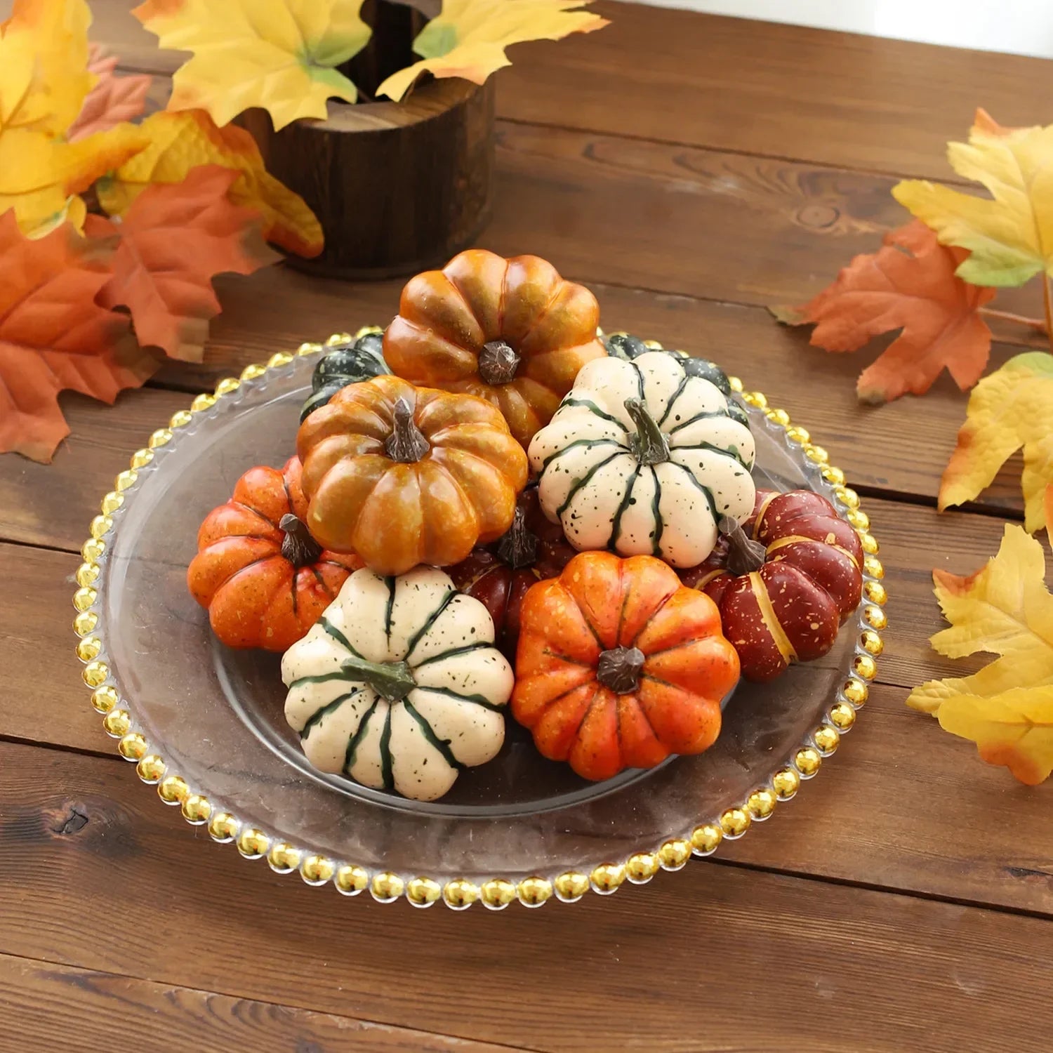 Set of assorted artificial mini pumpkins in autumn tones on display plate – Maison Mistletoe décor