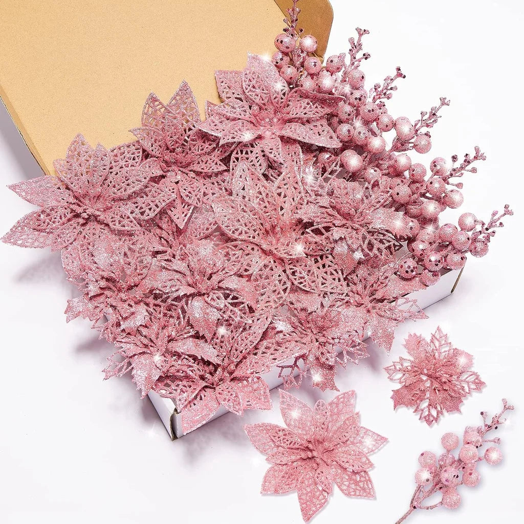 Boxed set of blush pink glitter poinsettias and frosted berry stems - 20-piece Christmas decoration collection