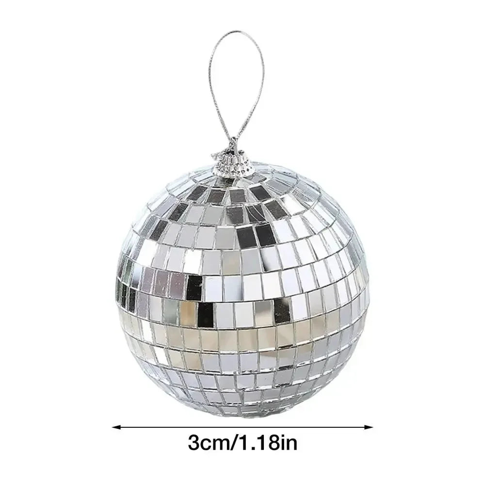 Mini silver disco ball Christmas ornament, 3cm diameter, featuring mirrored mosaic tiles  reflective festive décor accent