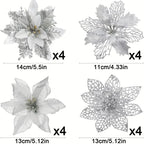 Set of 16 glitter poinsettia artificial flowers in gold, 11–14cm, Christmas tree decorations and festive home décor accents