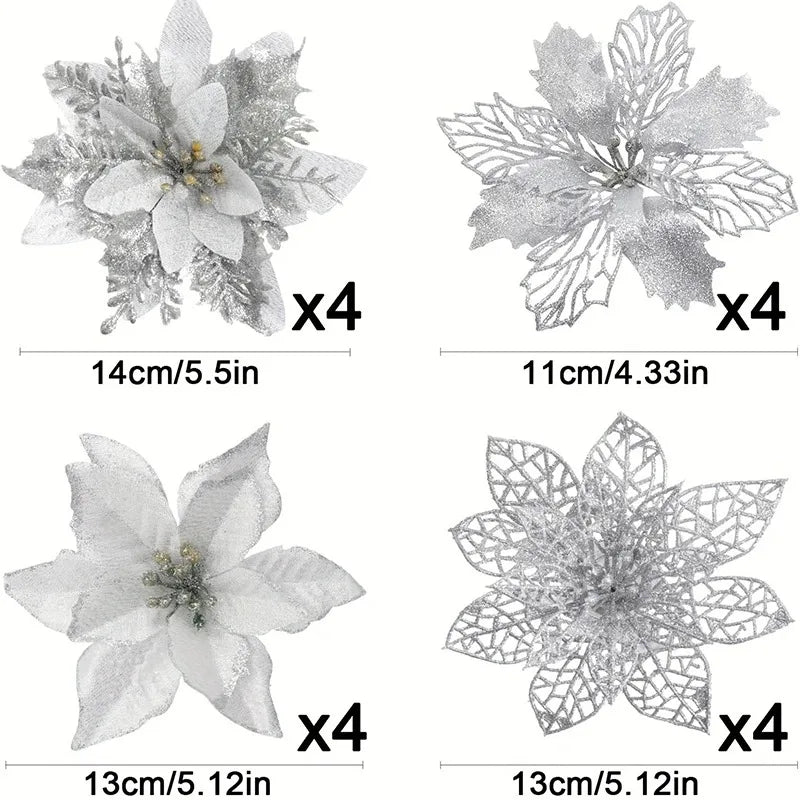 Set of 16 glitter poinsettia artificial flowers in gold, 11–14cm, Christmas tree decorations and festive home décor accents
