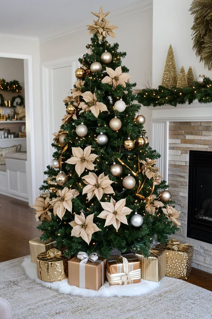 Set of 16 glitter poinsettia artificial flowers in gold, 11–14cm, Christmas tree decorations and festive home décor accents