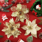 Set of 16 glitter poinsettia artificial flowers in gold, 11–14cm, Christmas tree decorations and festive home décor accents