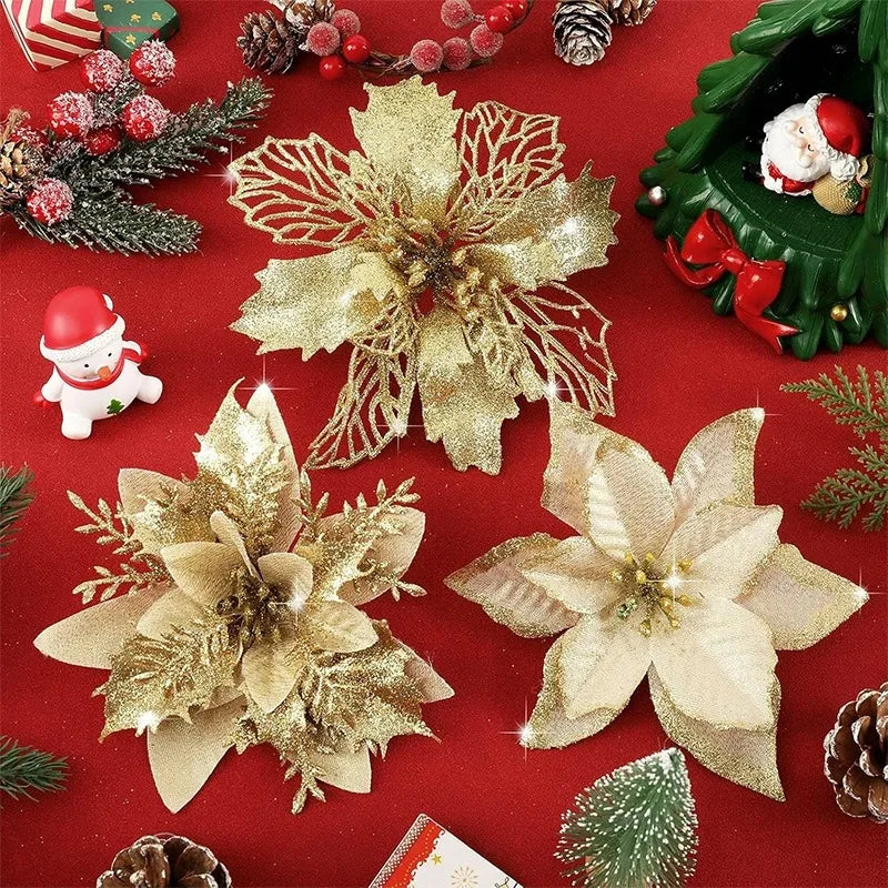 Set of 16 glitter poinsettia artificial flowers in gold, 11–14cm, Christmas tree decorations and festive home décor accents