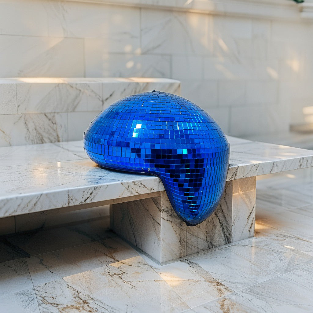Blue melting disco ball reflecting cool light on a marble surface - modern Christmas décor accent