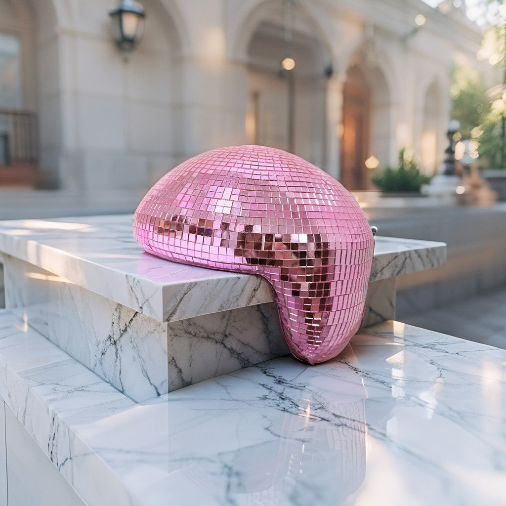 Pink melting disco ball reflecting soft light on a marble backdrop, modern Christmas décor accent