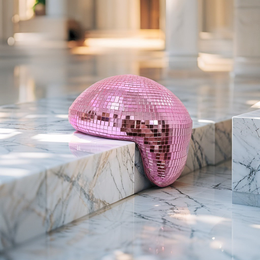 Pink melting disco ball reflecting soft light on a marble backdrop, modern Christmas décor accent
