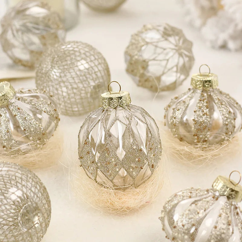 Champagne gold Christmas bauble set of nine featuring matte, glitter, and metallic finishes - elegant ornaments for luxury Nordic-inspired festive styling