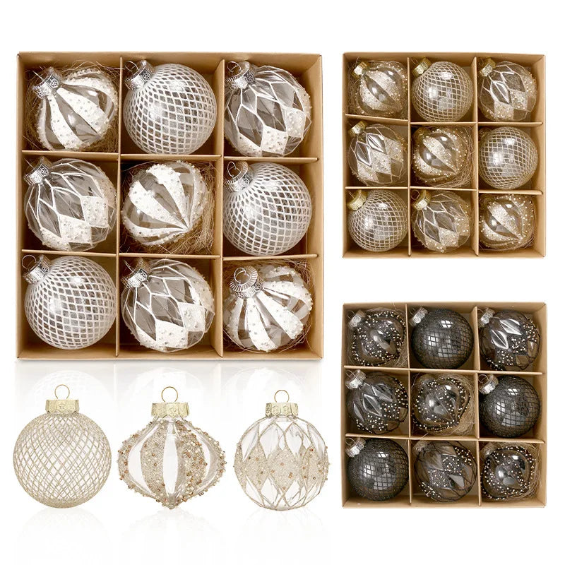 Nordic Noel Christmas bauble sets in champagne gold, icy silver, and soft black tones - assorted decorative ornaments boxed for elegant festive styling