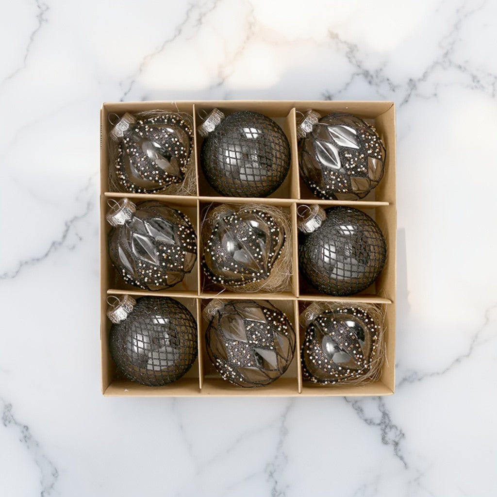 Icy silver Christmas bauble set of nine with frosted, metallic, and mirror finishes - cool-toned ornaments for modern Nordic Christmas décor