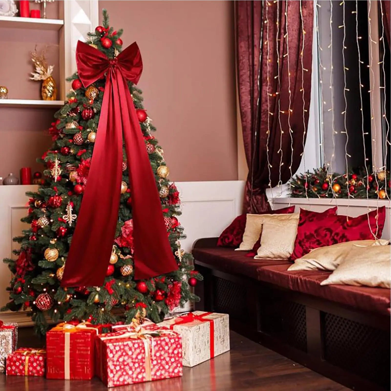 Oversized 120cm red satin bow Christmas tree topper with long cascading tails, luxury festive decoration for trees, staircases, doors, and fireplaces