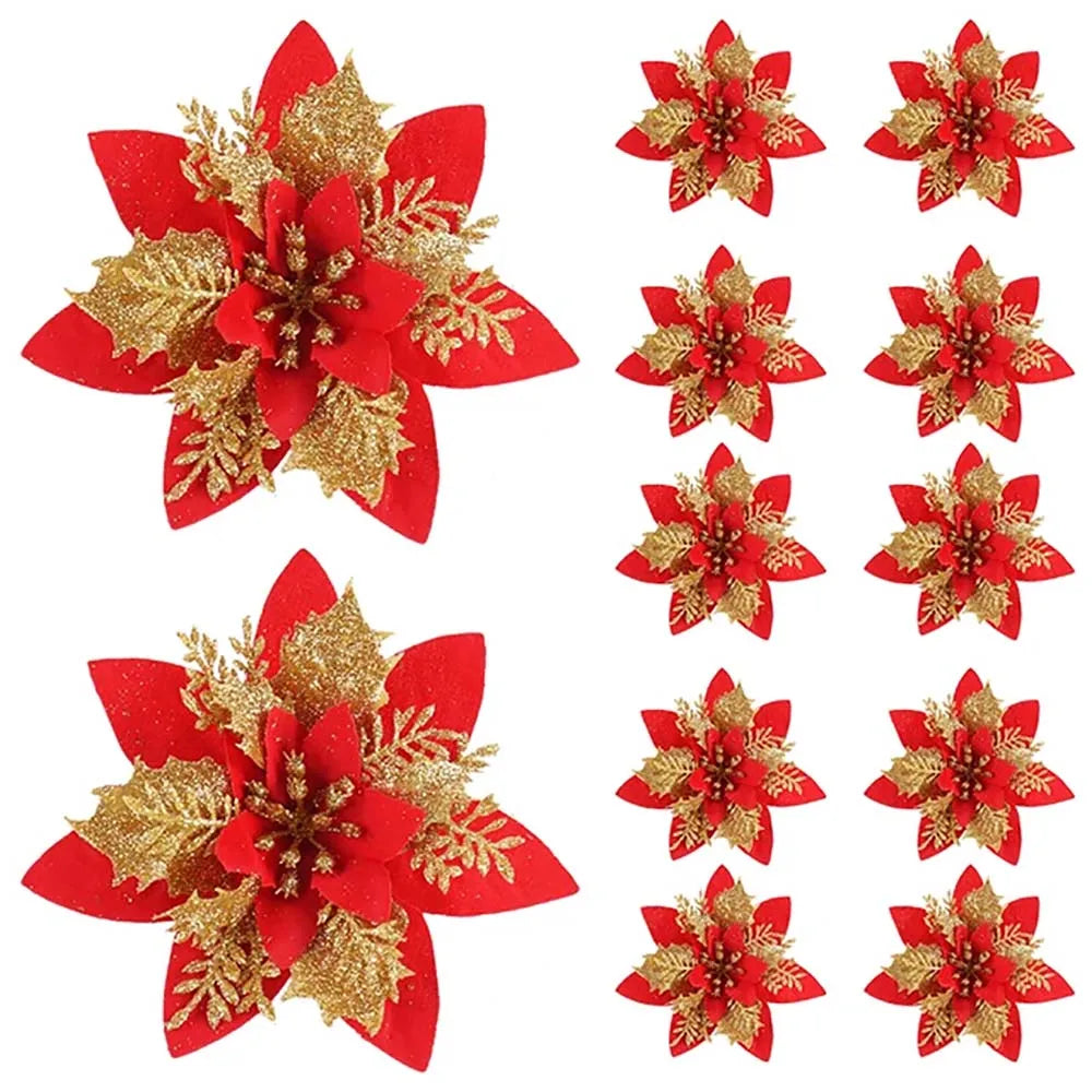 Set of 5, 10, or 20 glitter poinsettia ornaments in multiple colours, 14.5cm Christmas flowers for trees, wreaths, and festive décor