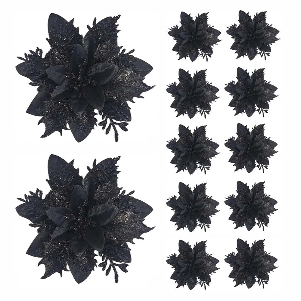 Set of 5, 10, or 20 glitter poinsettia ornaments in multiple colours, 14.5cm Christmas flowers for trees, wreaths, and festive décor