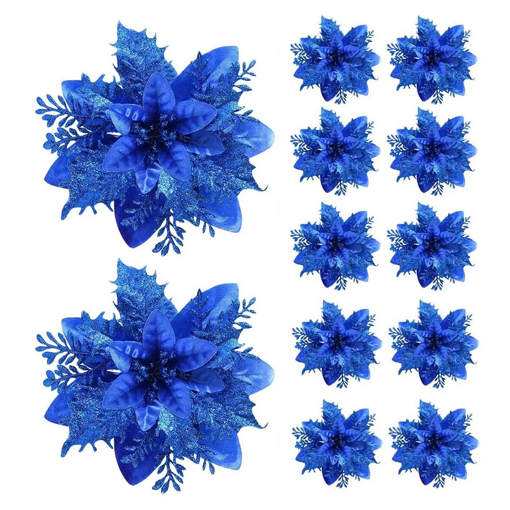 Set of 5, 10, or 20 glitter poinsettia ornaments in multiple colours, 14.5cm Christmas flowers for trees, wreaths, and festive décor