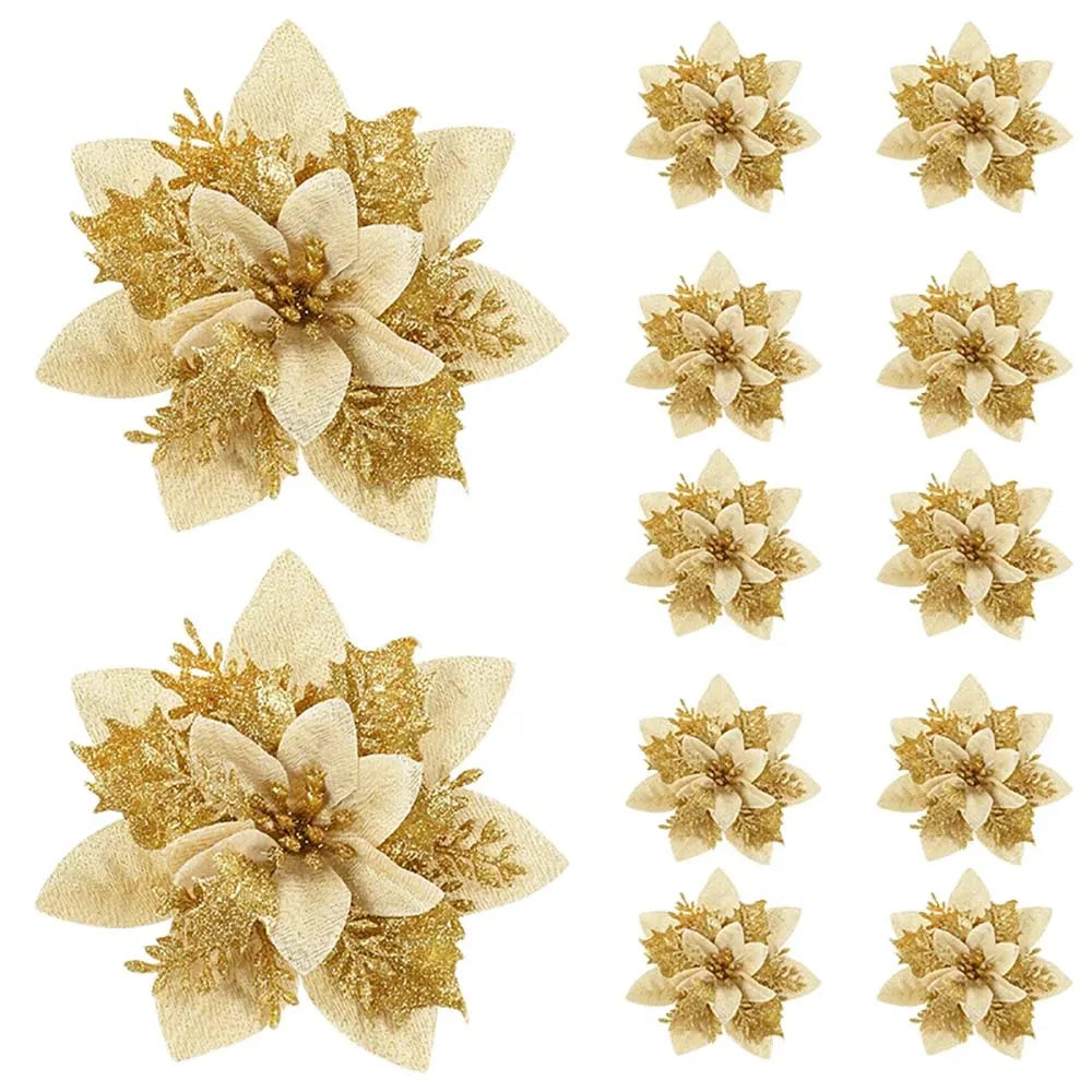 Set of 5, 10, or 20 glitter poinsettia ornaments in multiple colours, 14.5cm Christmas flowers for trees, wreaths, and festive décor