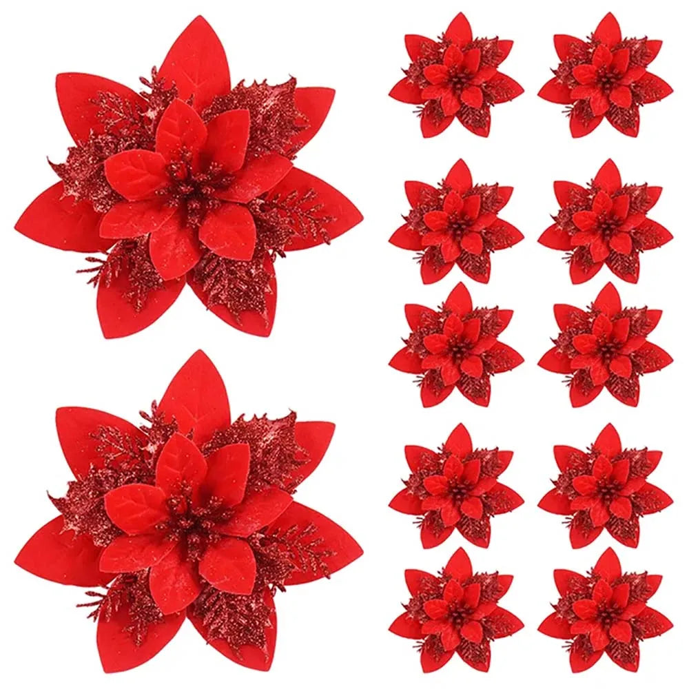 Set of 5, 10, or 20 glitter poinsettia ornaments in multiple colours, 14.5cm Christmas flowers for trees, wreaths, and festive décor