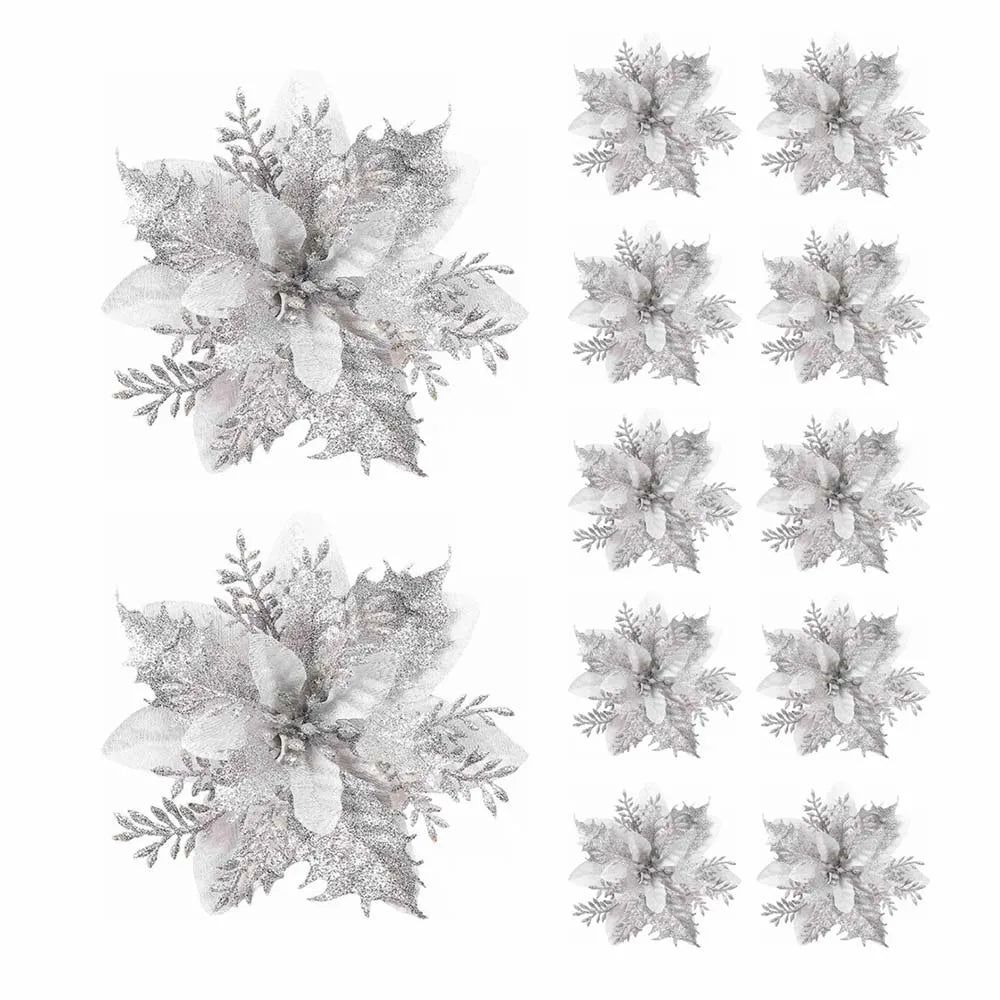 Set of 5, 10, or 20 glitter poinsettia ornaments in multiple colours, 14.5cm Christmas flowers for trees, wreaths, and festive décor