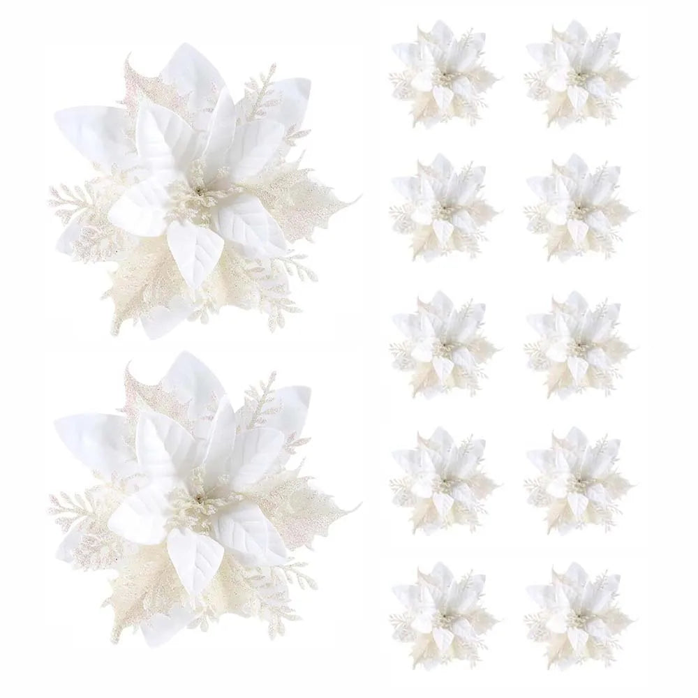 Set of 5, 10, or 20 glitter poinsettia ornaments in multiple colours, 14.5cm Christmas flowers for trees, wreaths, and festive décor