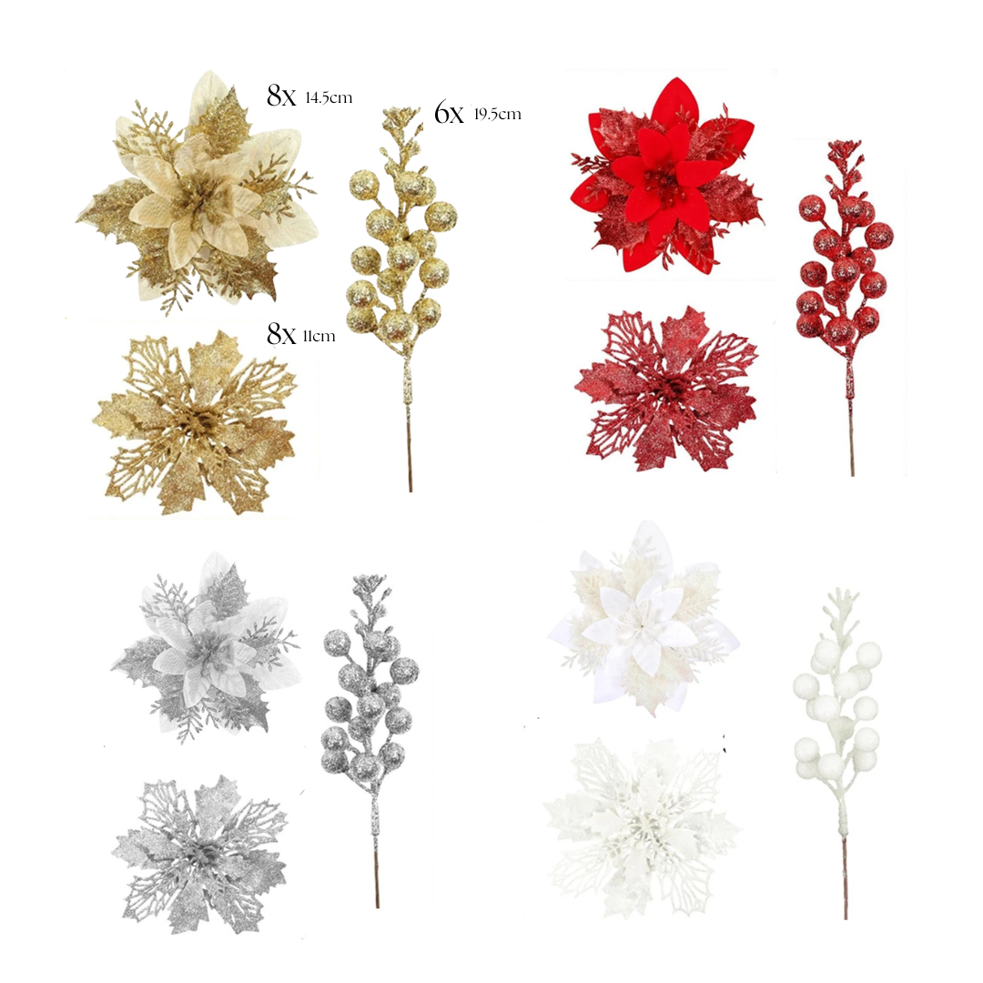 Poinsettia and Berry Ornament Set (set of 22)