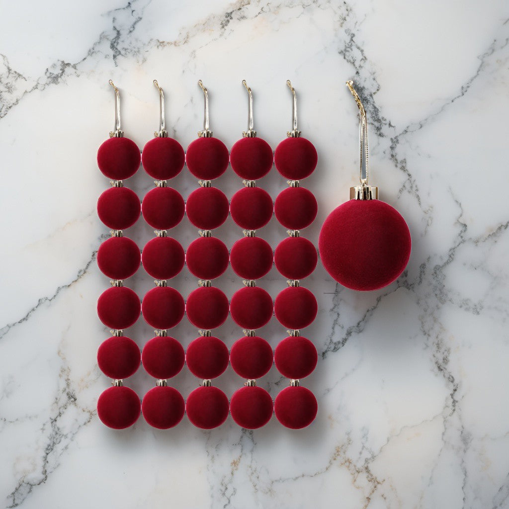 Close-up of luxury flocked red baubles with gold caps for holiday decorating set of 10, 20 or 30