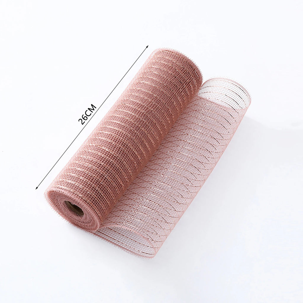 Rose gold tinsel glitter ribbon roll with visible mesh texture and 26cm width measurement - elegant festive décor accent