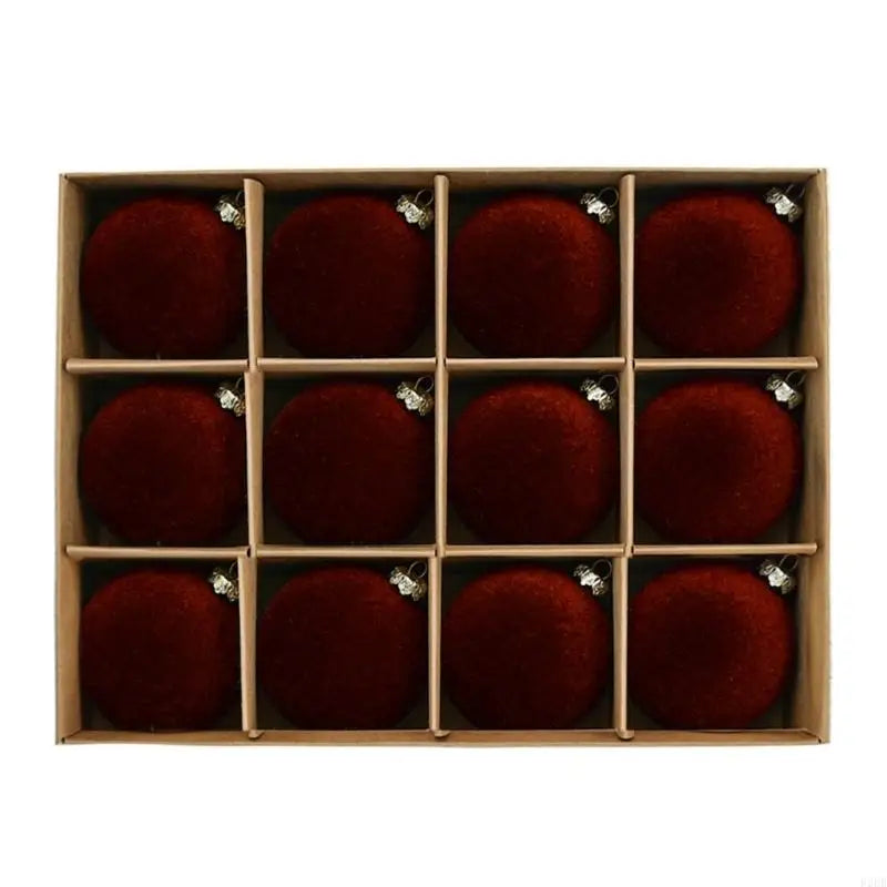 Set of 12 flocked burgendy velvet Christmas baubles 6cm in assorted colours, shatterproof tree decorations with velvety finish for festive home styling