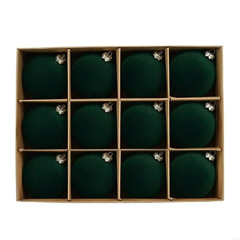 Set of 12 flocked emerald green velvet Christmas baubles 6cm in assorted colours, shatterproof tree decorations with velvety finish for festive home styling