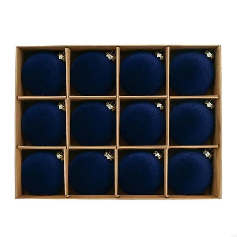 Set of 12 flocked navy blue velvet Christmas baubles 6cm in assorted colours, shatterproof tree decorations with velvety finish for festive home styling