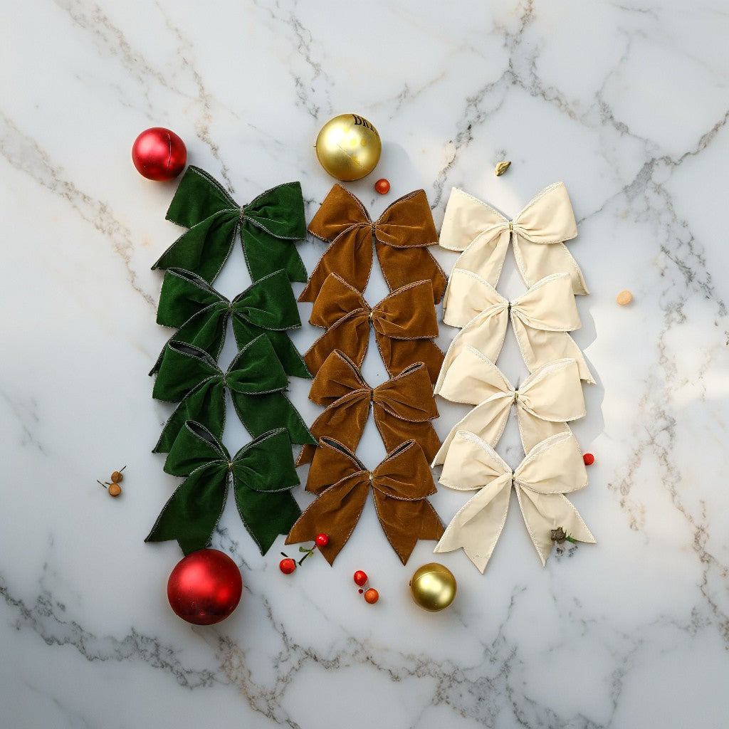 Set of 12 velvet Christmas bows 15cm, claret red and assorted colours, vintage wreath and tree decorations for festive home styling