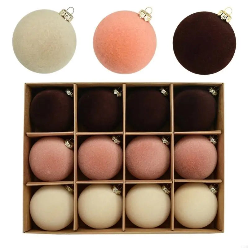 Set of 12 flocked Christmas baubles 6cm in assorted colours, shatterproof tree decorations with velvety finish for festive home styling