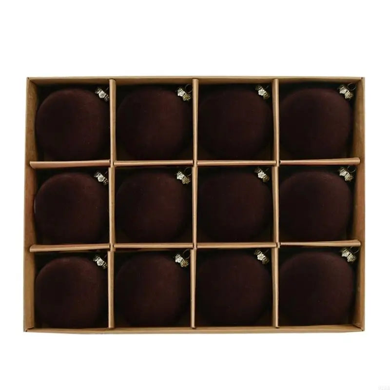 Set of 12 flocked chocolate velvet Christmas baubles 6cm in assorted colours, shatterproof tree decorations with velvety finish for festive home styling