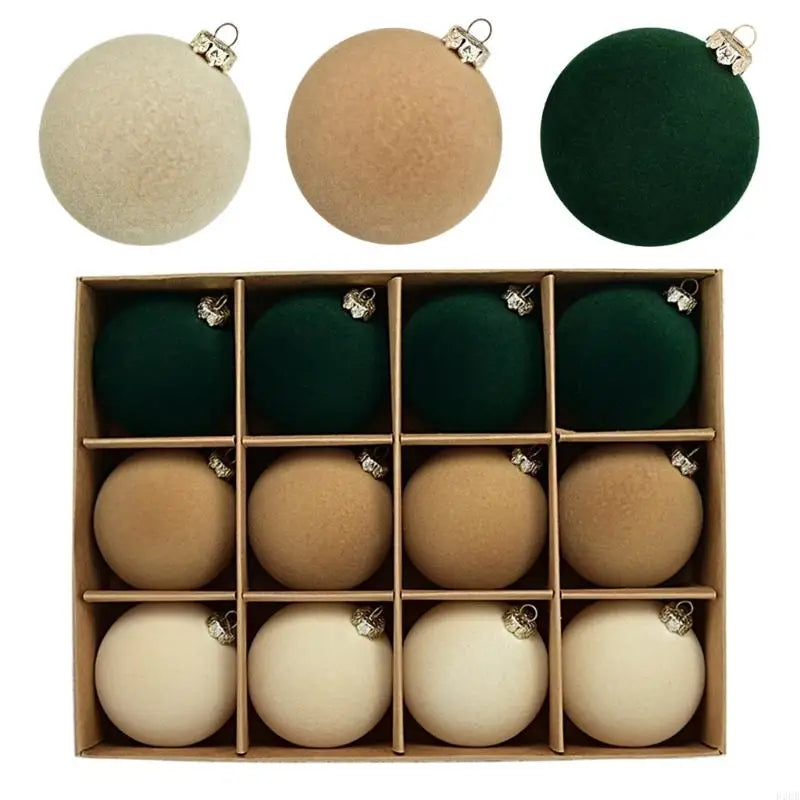 Set of 12 flocked Christmas baubles 6cm in assorted colours, shatterproof tree decorations with velvety finish for festive home styling