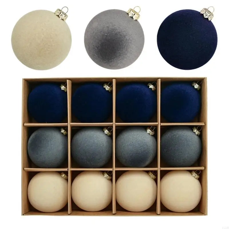 Set of 12 flocked Christmas baubles 6cm in assorted colours, shatterproof tree decorations with velvety finish for festive home styling