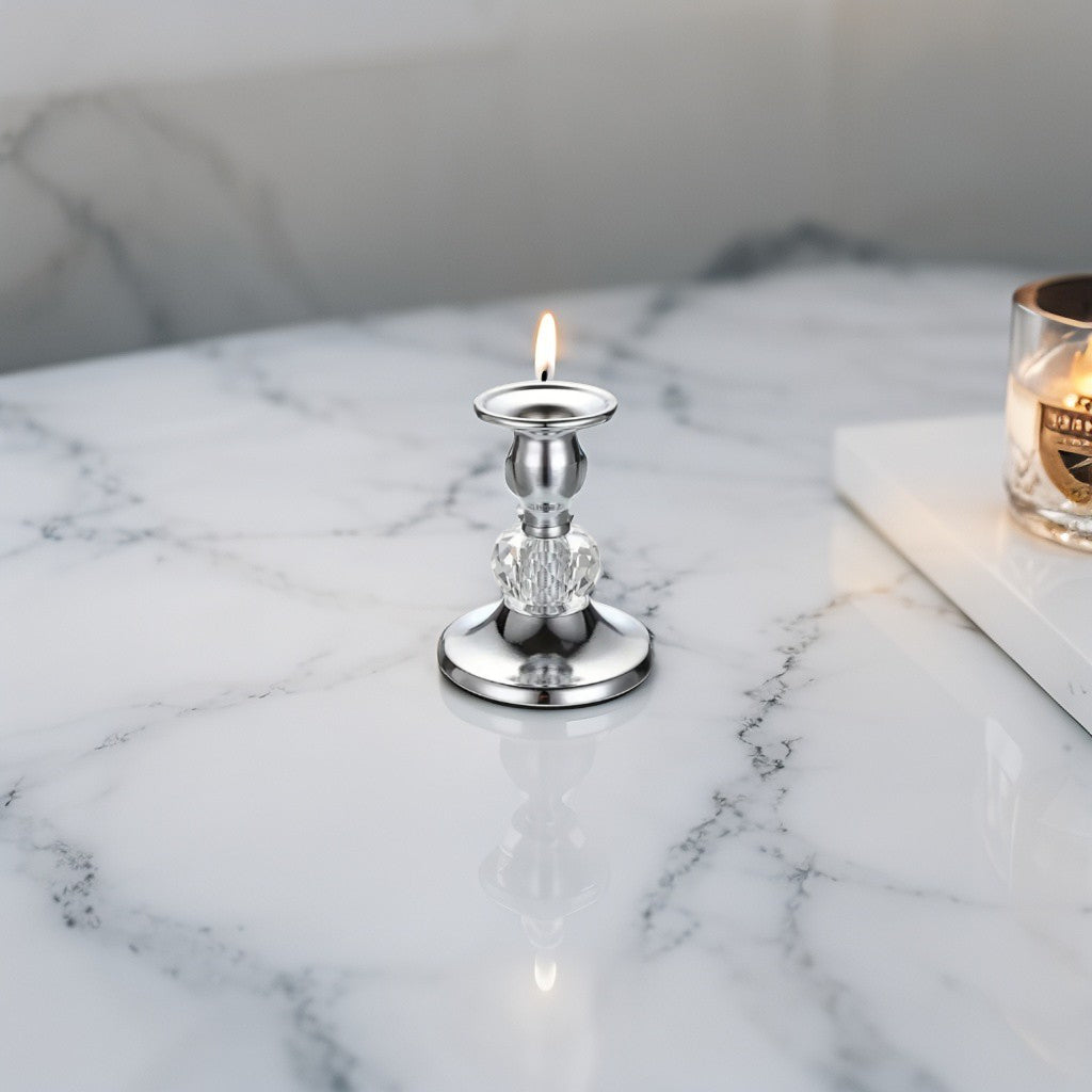 Vintage silver crystal candle holder with faceted glass base on marble - sophisticated décor accent for modern festive interiors